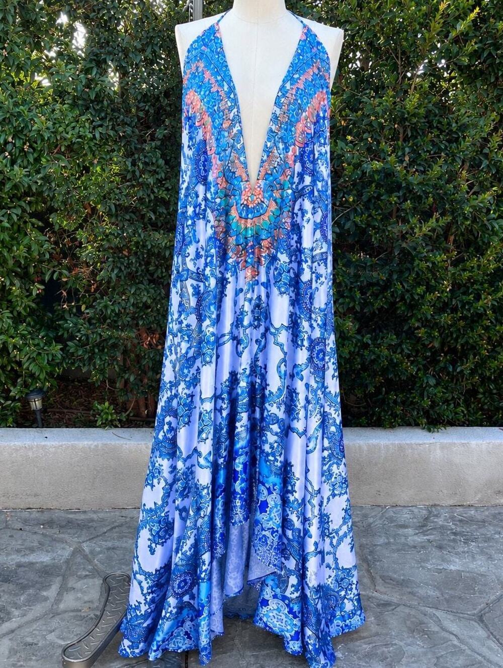 VENUS Blue Paisley Embellished Plunge Maxi Dress Size Medium Boho Resort